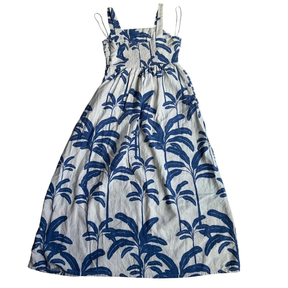 Tahari Tropical Palm Print Linen Blend Midi Dress Pockets Size 8